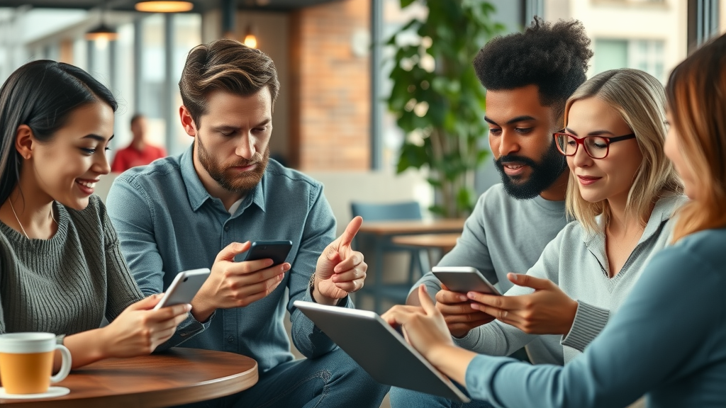 diverse users in a café and home, consulting Google AI mode search results on phones and laptops, showing ease and impressed productivity