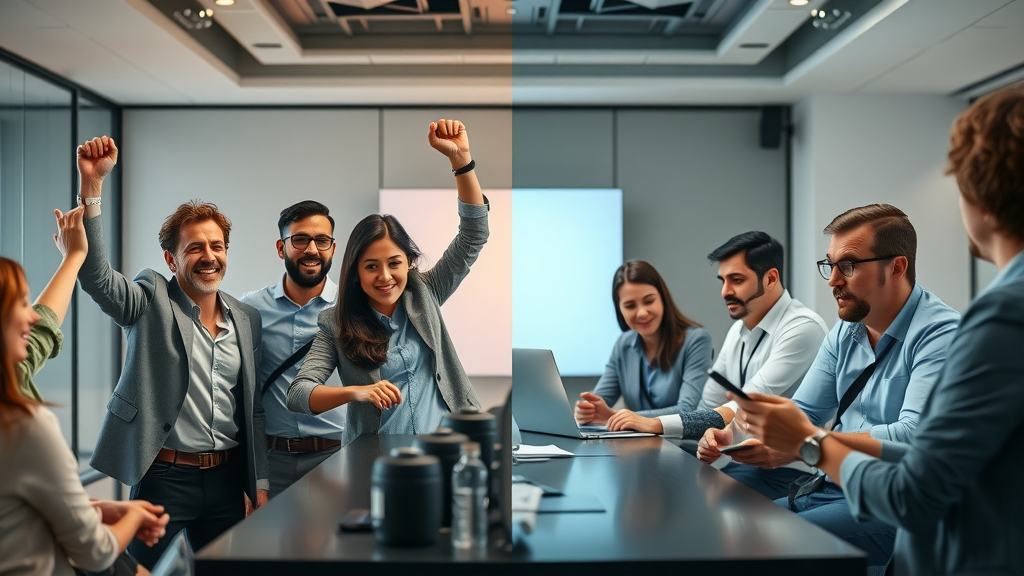 contrasting social media campaign outcomes, victorious marketing team celebrating, somber team analyzing campaign failure, social media marketing strategies, conference room, dynamic body language