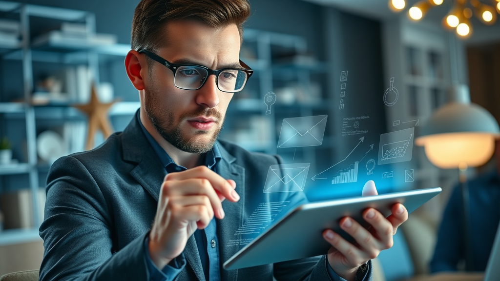 Meticulous marketing strategist mapping email funnel on tablet, digital workspace, detailed floating data elements, focused expression, cool hues.