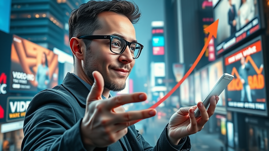 Digital marketer visualizing video marketing success and growth on mobile devices with cityscape billboards