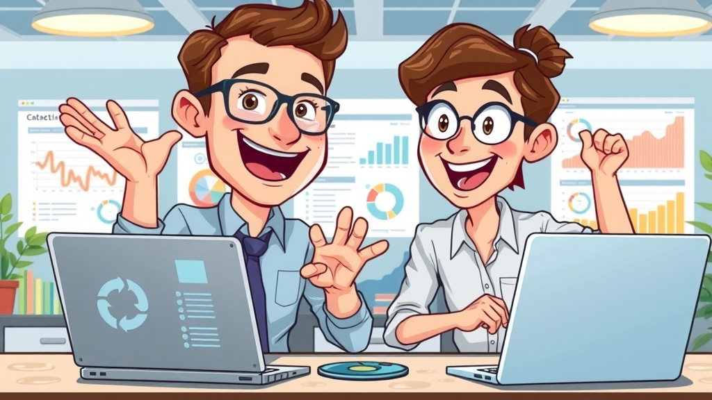 Business owner analyzing online presence data, infographic illustration with laptops and digital charts in creative workspace