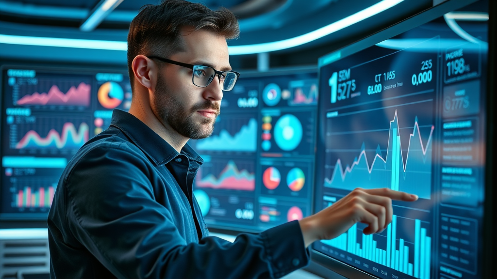 Digital marketer reviewing an interactive video analytics dashboard, symbolizing the importance of data-driven social media video marketing.