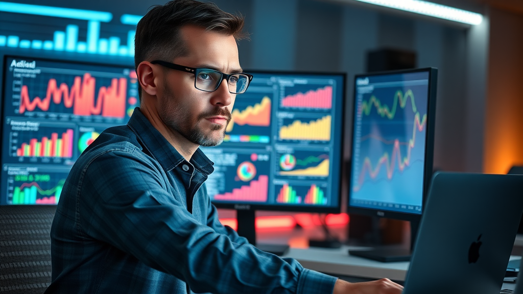 Professional marketer analyzing SEO results on multiple monitors