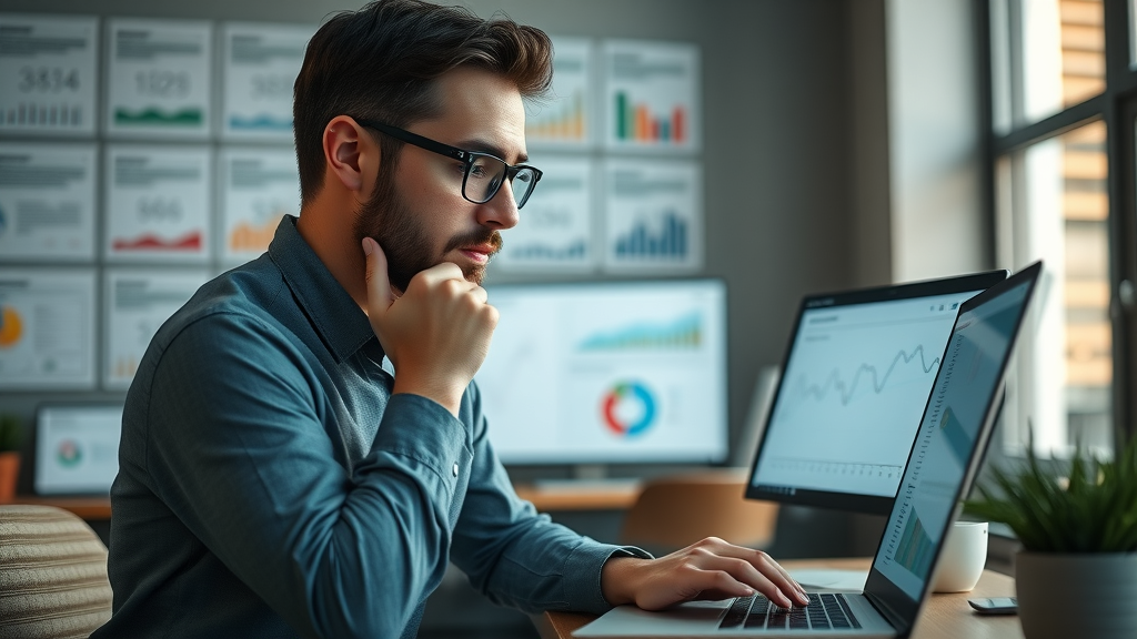 Digital marketing specialist analyzing advertising dashboard for digital marketing Long Island campaign, pondering over graphs