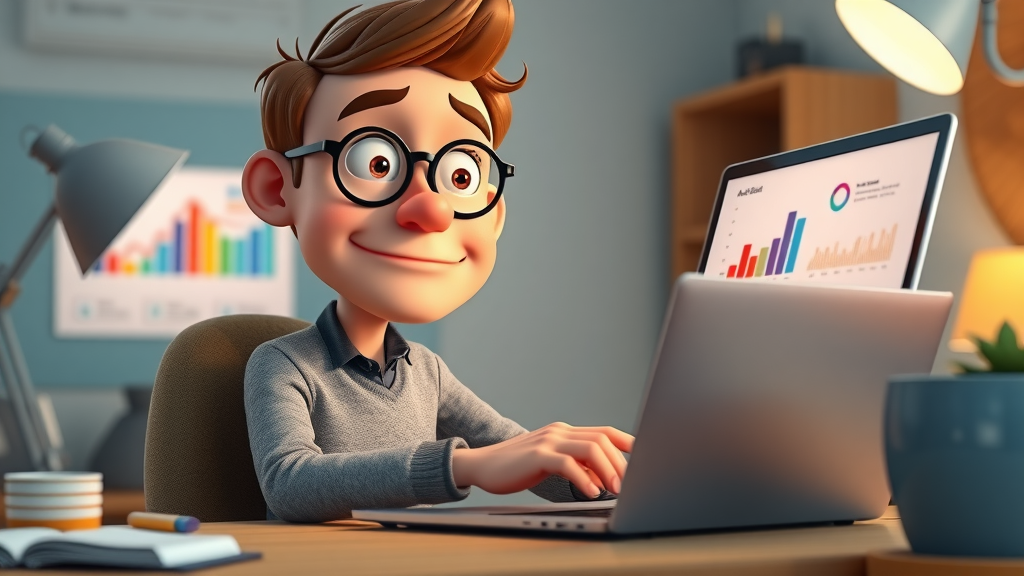 Curious email marketer running A/B subject line tests on laptop, side-by-side monitors, playful vibrant colors, informal workspace, animated bar graphs.