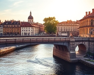 motivated agency progress, determined, crossing over a bridge, photorealistic, historic city architecture surrounding the bridge, highly detailed, flowing river beneath, HDR effect, earthy tones, afternoon shadows, shot with a 50mm lens