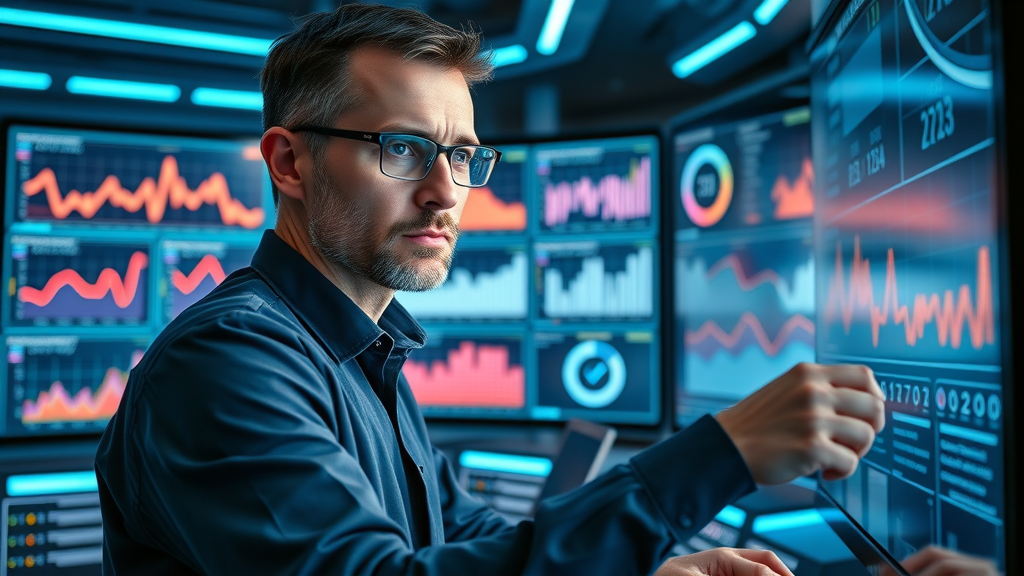 Marketing analyst reviewing video marketing analytics dashboards for ROI tracking
