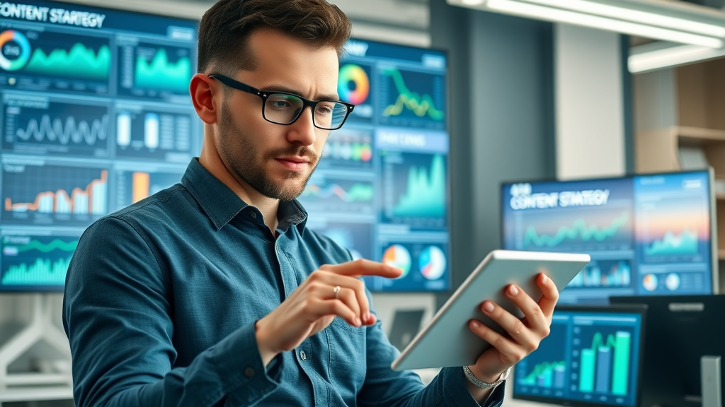 marketer analyzing content strategy with tablet and AI optimization interface. High-tech workspace, analytics on screen. Img_Alt_Text: google ai mode content strategy and ranking analysis in digital office