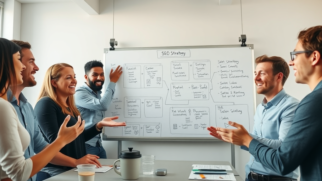Diverse team building a local SEO strategy on a flowchart