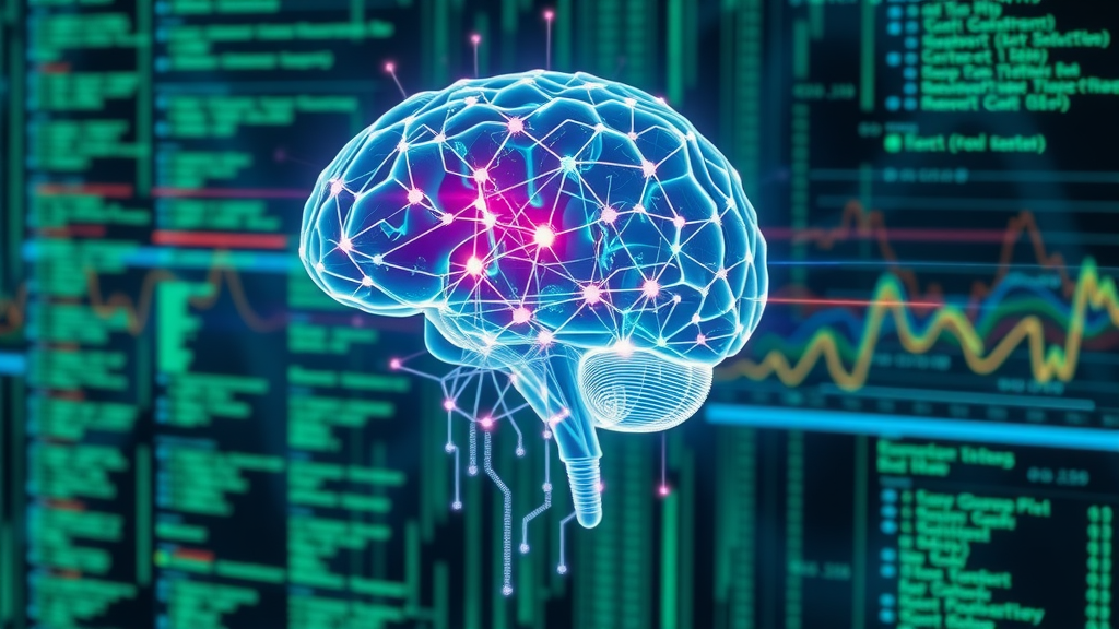 futuristic algorithm visualization, google ai mode, analyzing web data in real time, AI brain with glowing lines, matrix background