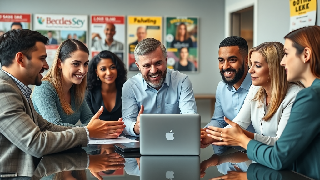 diverse group of Long Island business owners meeting with a local marketing consultant, discussing strategy around a laptop, modern conference room with local business posters, vibrant and professional tone, bright interior lighting