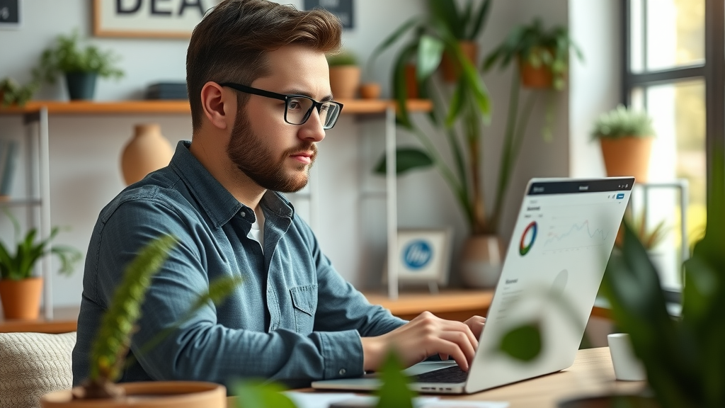 Ambitious small business owner planning SEO strategy using a digital marketing dashboard, highlighting practical steps for SEO for local businesses