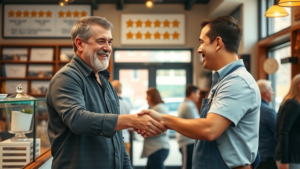 happy Long Island customer shaking hands with a small business owner, cozy shop interior with review accolades displayed, customers browsing, warm color palette