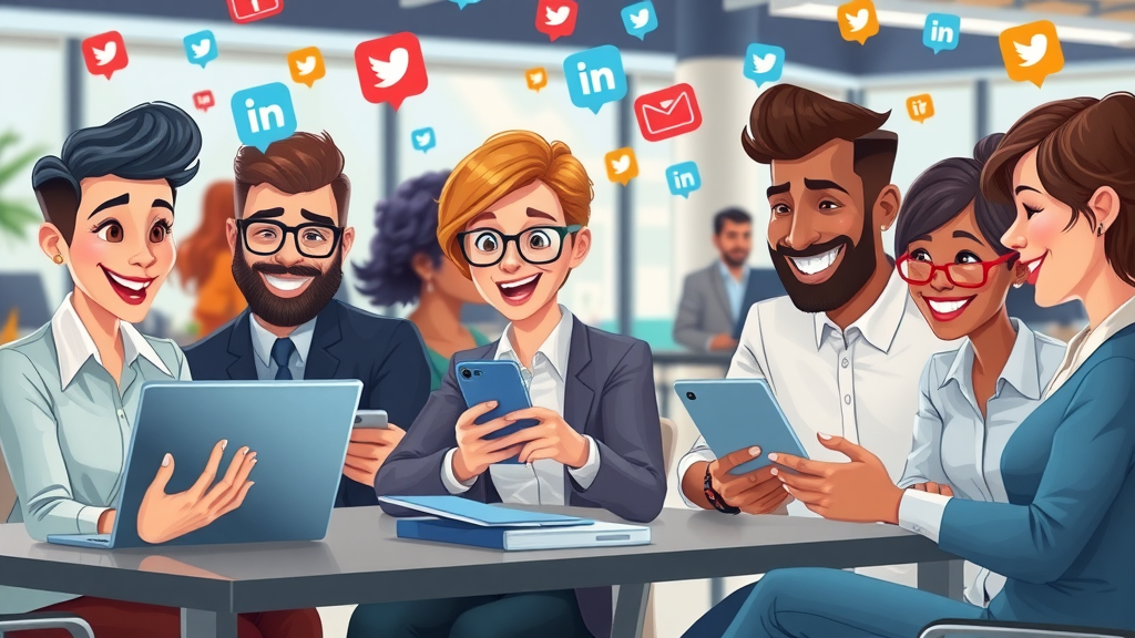 diverse businesspeople using social media on laptops and smartphones, engaged, sharing and interacting on digital content, 2D Cartoon, vibrant coworking space filled with social media icons floating around, highly detailed, characters smiling and collaborating, colorful palette, diffuse ambient lighting, shot with a standard lens. Main Keyword: lead generation strategies
