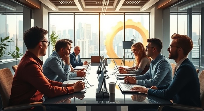 cutting-edge agency solutions, focused dedication, brainstorming, photorealistic, sleek conference room filled with futuristic tech, highly detailed, bustling team activity, ultra high resolution, warm earth tones, natural sunlight from large windows, shot with an 85mm portrait lens.