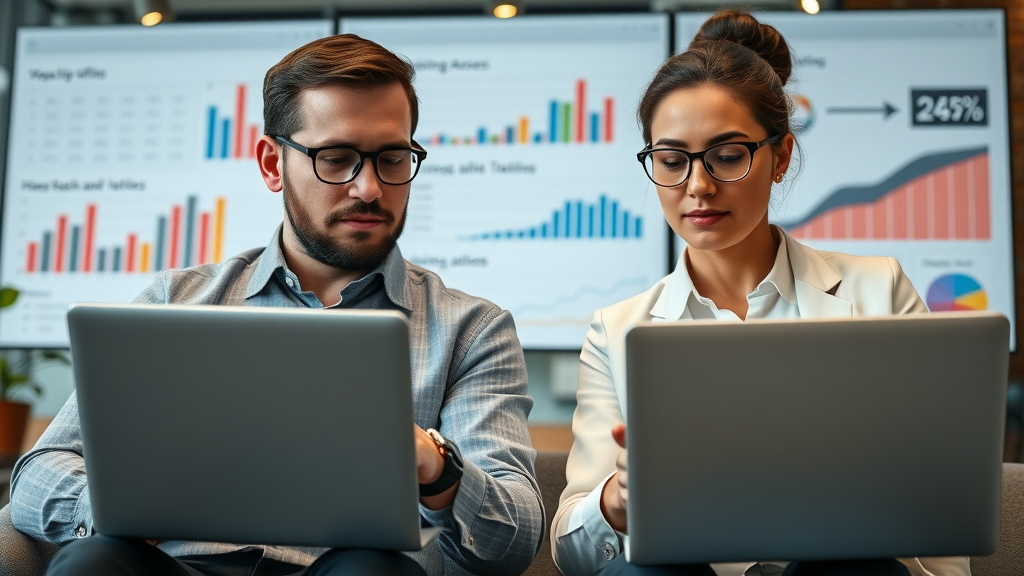 digital marketing strategies for Long Island: business professionals comparing channel statistics, ROI infographics