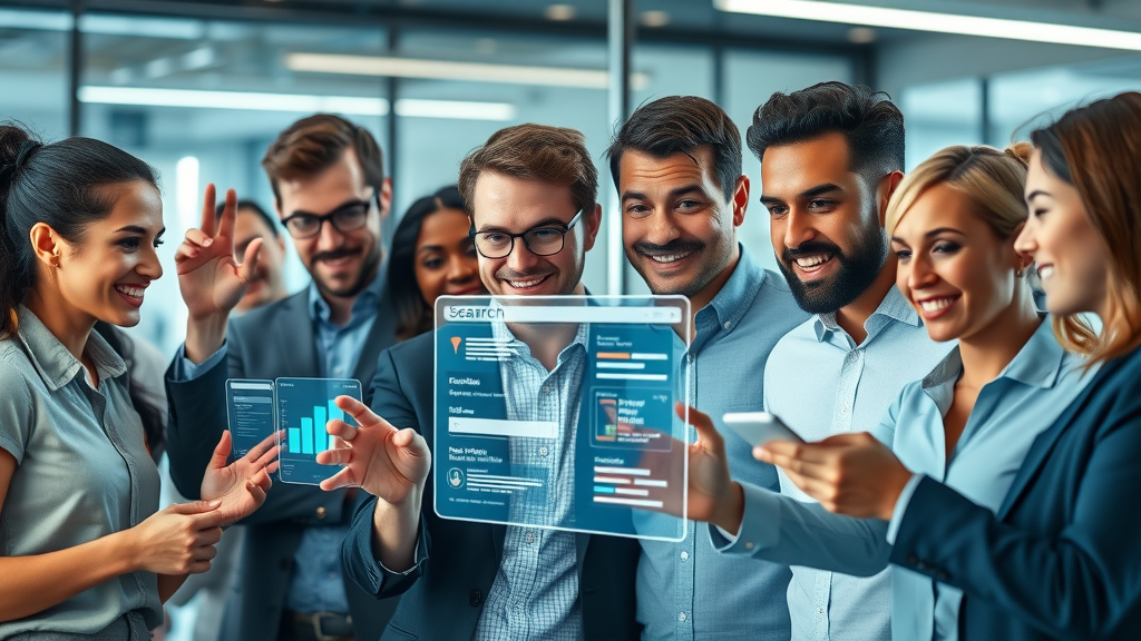 Energetic group of professionals using google ai search futuristic digital search interfaces, holographic AI results, modern high tech office, Photorealistic.