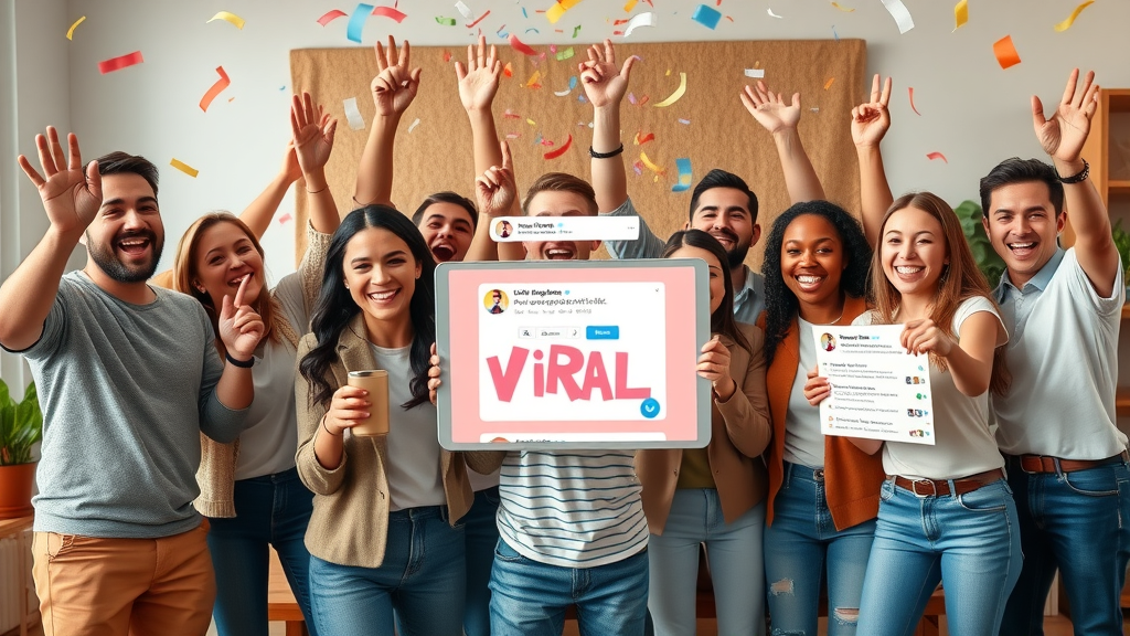 group of bloggers celebrating viral blog post on social media, lively studio, blog content goes viral
