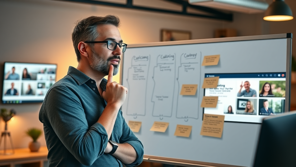 content strategist planning customer journey videos using a digital whiteboard and video icons
