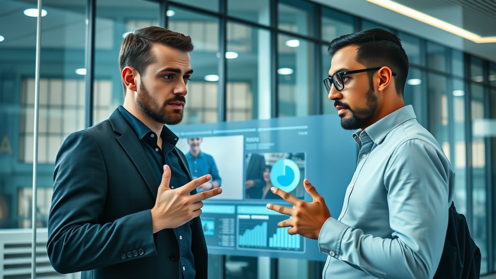 Cutting-edge entrepreneurs collaborating over trending short-form and interactive video UI, symbolizing social media video marketing trends in 2025, in a sleek urban office.