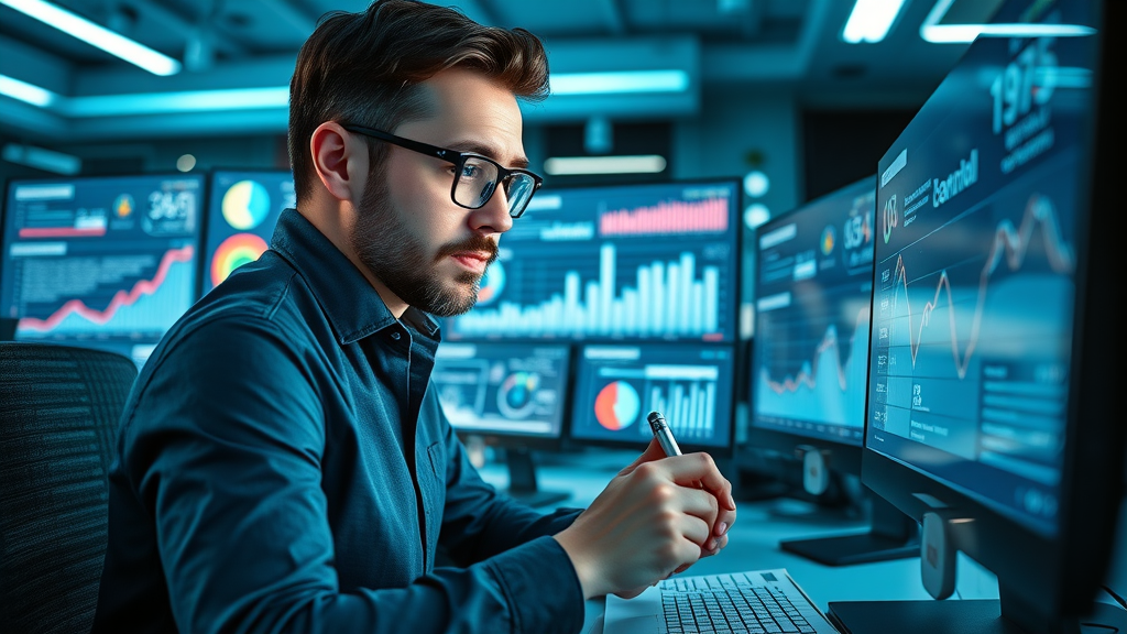 detail-oriented digital analyst reviewing content marketing KPIs, analytics for content marketing strategy