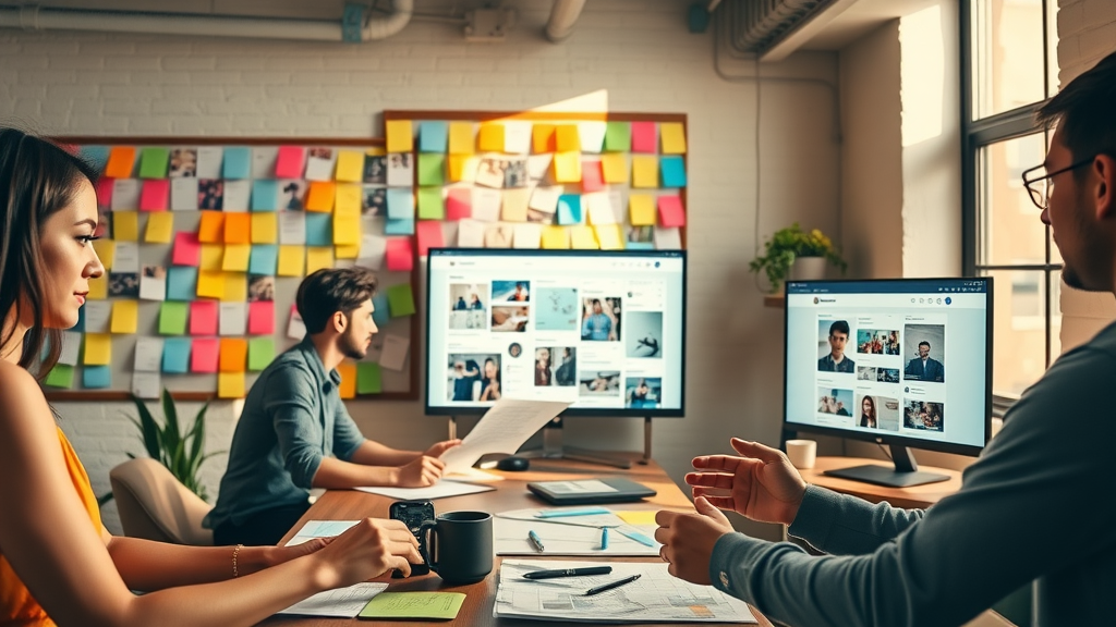 Creative workspace featuring a team brainstorming social media content using mood boards and digital screens