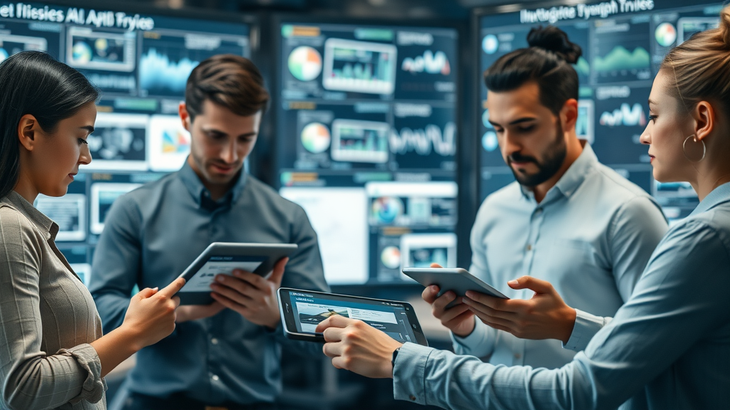 seamless multi-device connectivity with google ai mode, professionals using laptops, smartphones, and tablets, synchronized AI search overviews