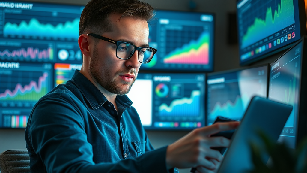 Analytic marketer reviewing engagement statistics from social media platforms for optimized online marketing tips