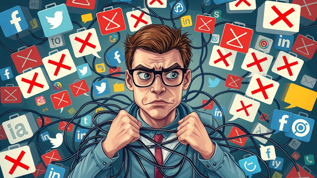 Stressed marketer surrounded by social media mistakes and alert icons