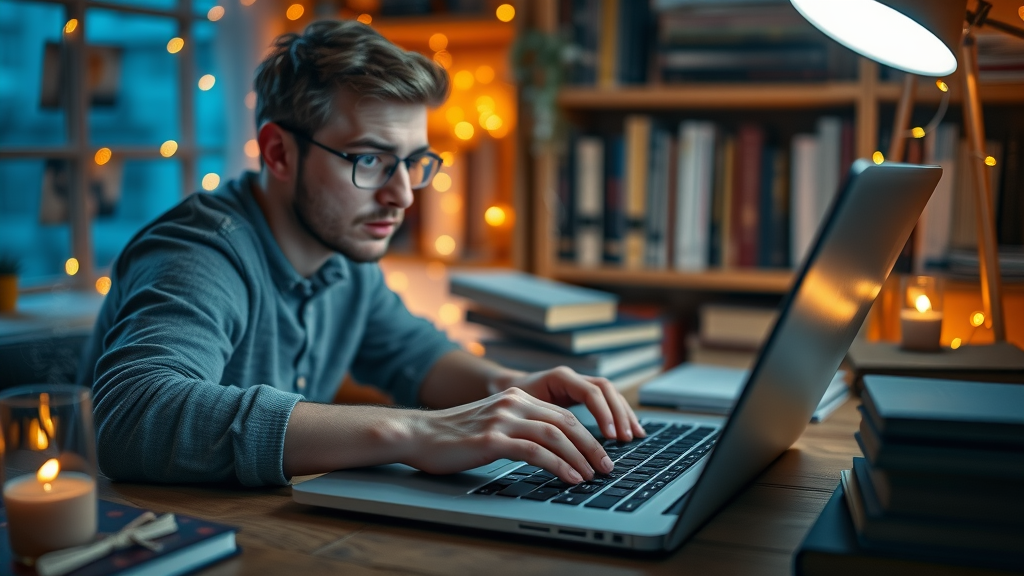 content creator hitting publish on blogging platform, excitement, nighttime study nook, blog post launch