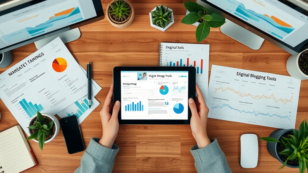 organized blogging tools for entrepreneurs comparison workspace flat lay with tablets showing feature tables