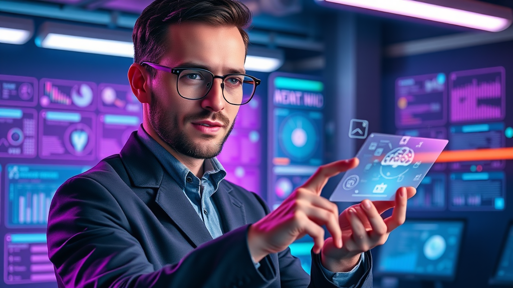 futuristic marketer using holographic AI-powered tools for campaign development