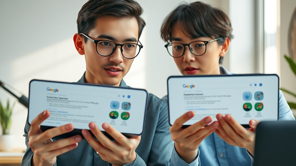 split screen: professional comparing Google AI Mode with traditional search, showing distinct search interfaces and speed, in a modern home office