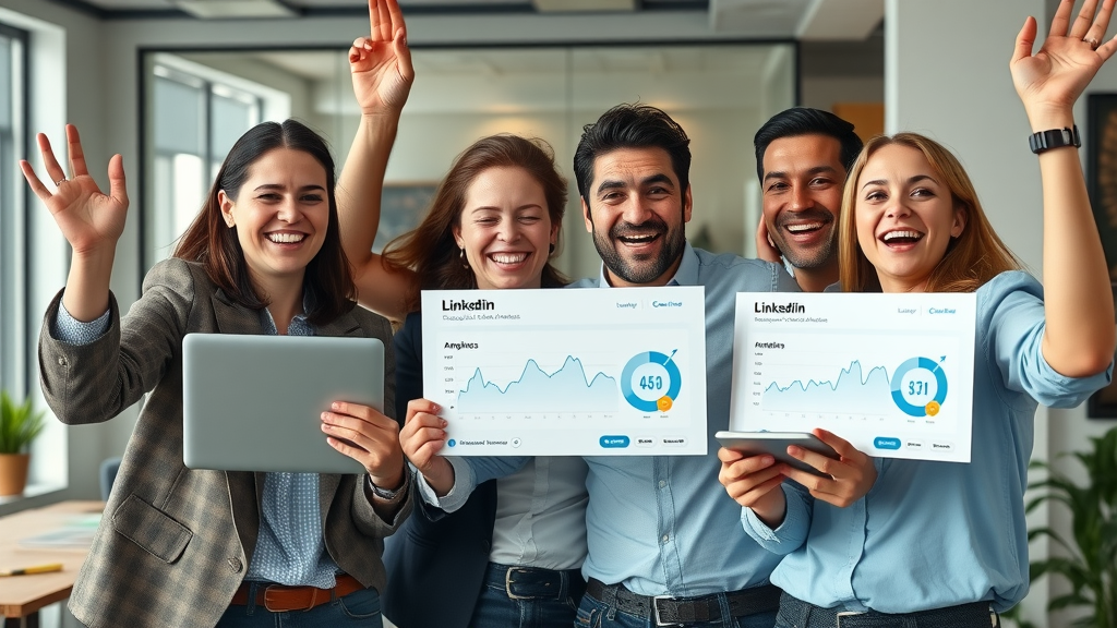 happy small business team celebrating LinkedIn marketing analytics success and qualified lead growth