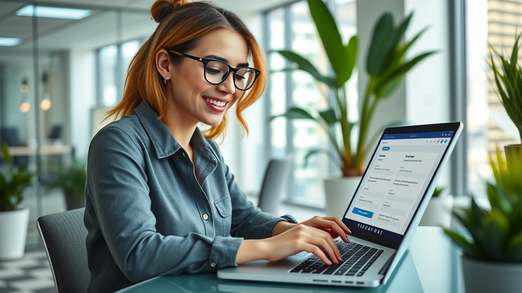 Professional woman compiling an email marketing list, cheerful expression, laptop, contact sign-up forms, business marketing for small businesses