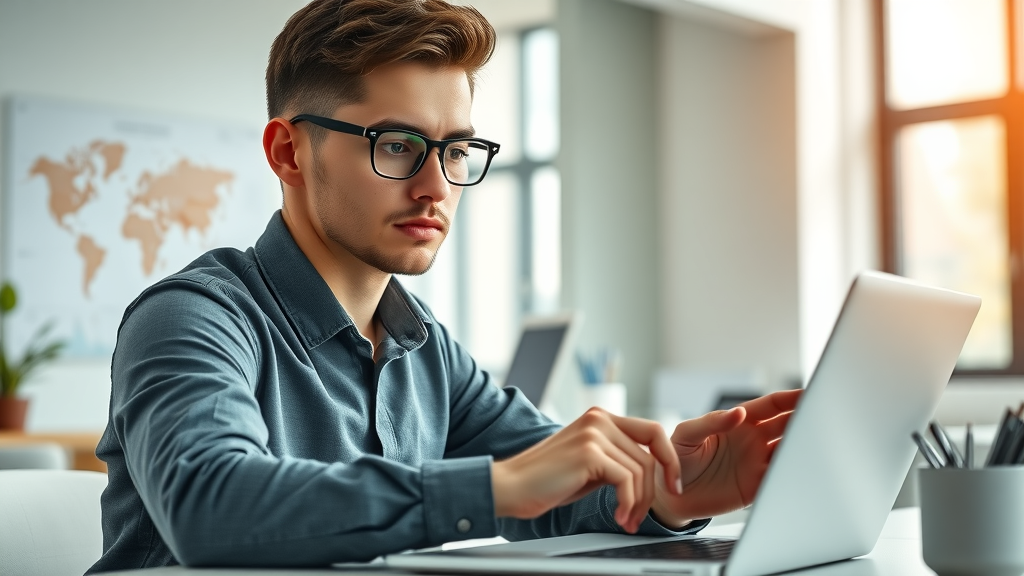 modern young entrepreneur using blogging tools for entrepreneurs at a contemporary desk, analyzing productivity charts on digital devices