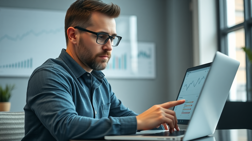 professional business owner consulting analytics on a laptop, reviewing search ranking stats, modern small office with Long Island map, digital graphs on screen, blue and gray tones