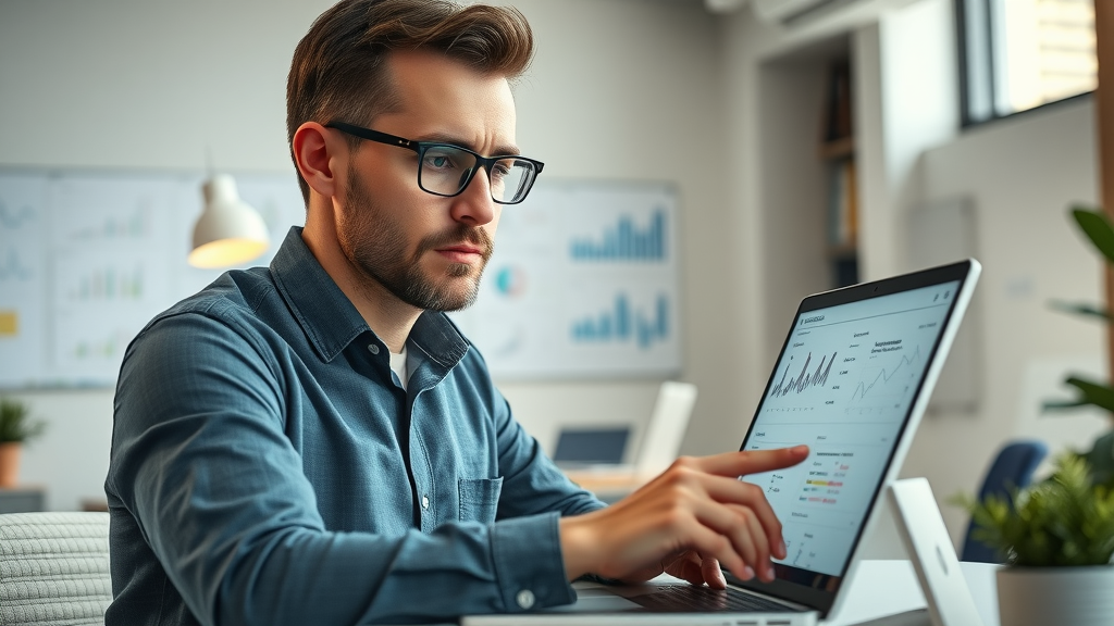 professional marketer analyzing email data for targeted email marketing campaign, reviewing dynamic charts and campaign performance on laptop in modern office