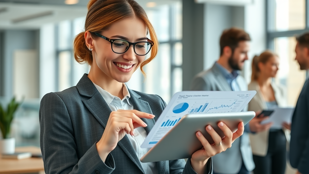 professional businesswoman reviewing case study results, content marketing strategy success, digital tablet with charts