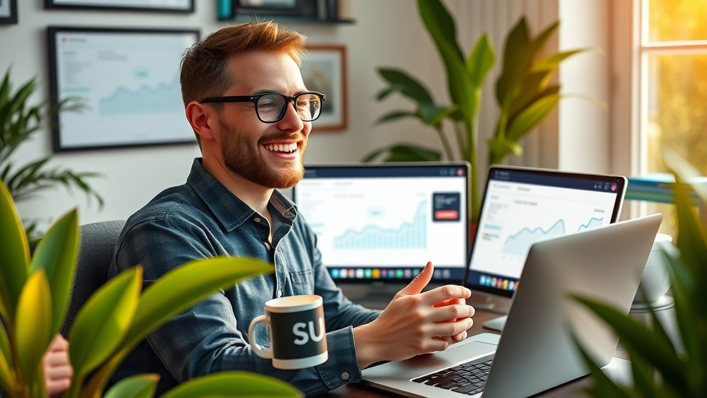 successful blogger checking blog income dashboard from content blog creation