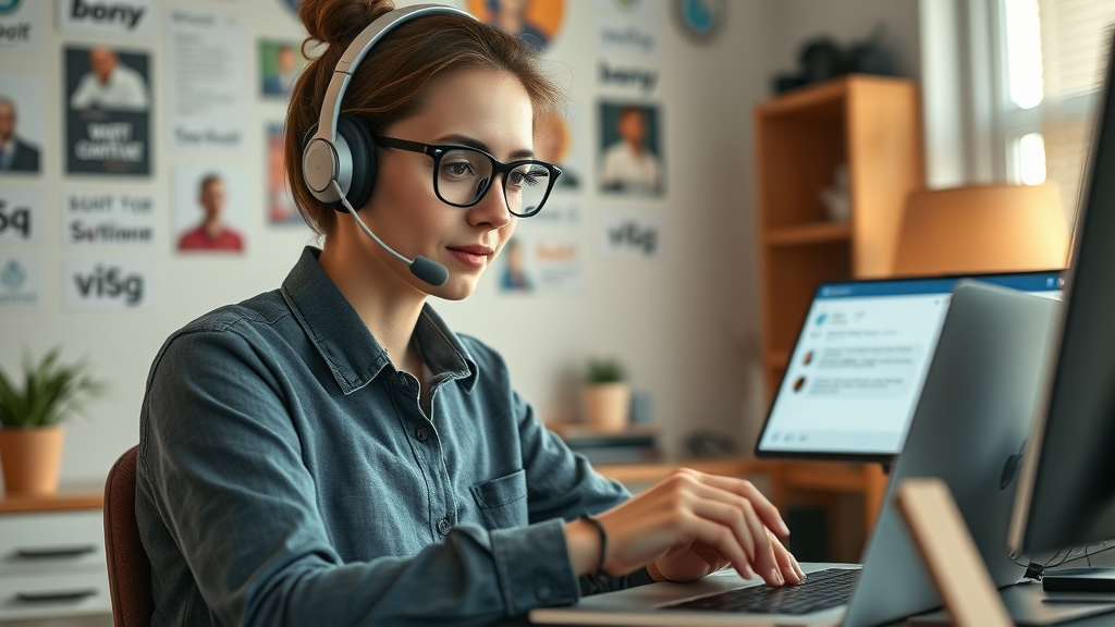 empathetic customer support specialist typing a quick response to a customer on social media