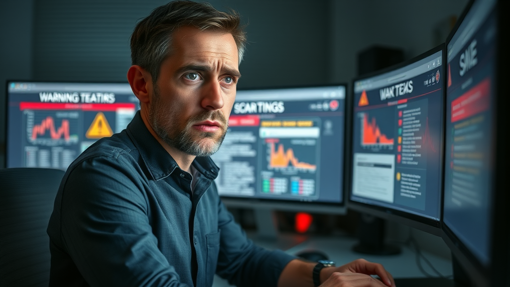 concerned marketing manager analyzing negative social media trends and business platform mistakes, compliance and best practices