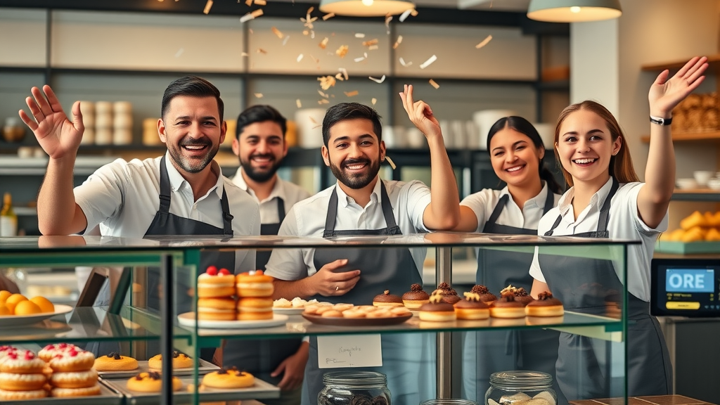Cheerful bakery staff celebrating increased sales, digital marketing success for small businesses, colorful pastries, modern counter