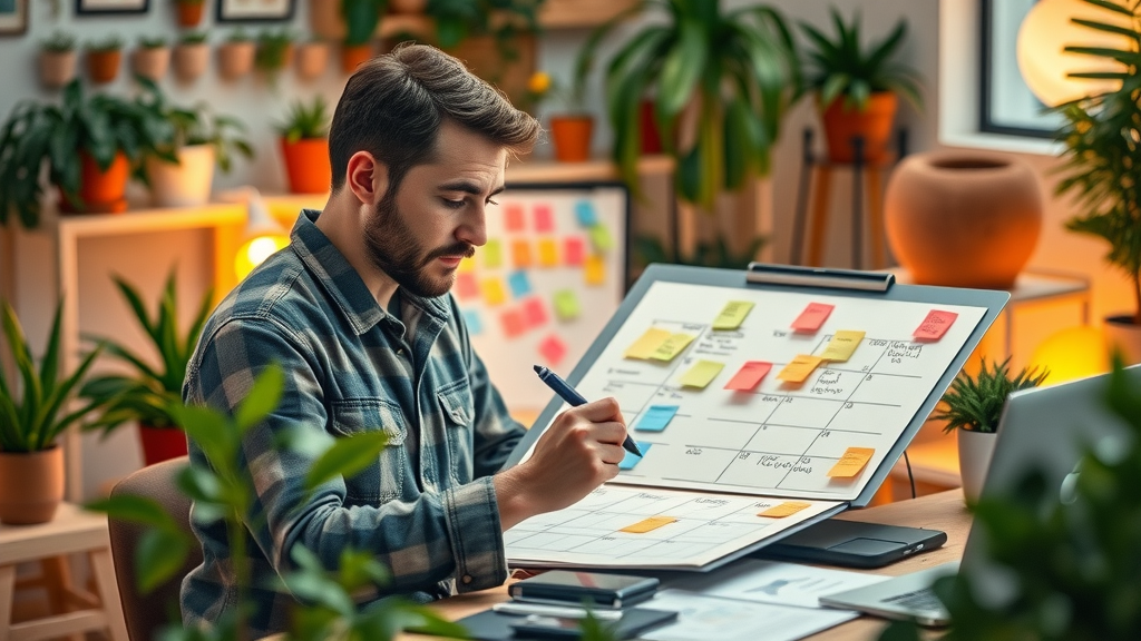 creative content planner designing a social media content calendar in a vibrant studio