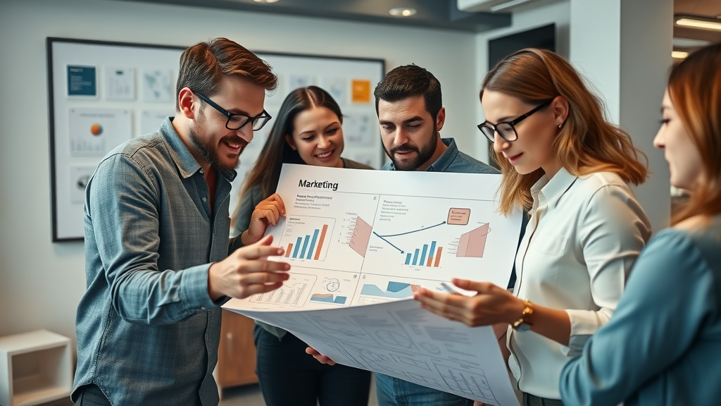 Creative marketing team at work focused over a digital marketing blueprint, small business marketing, modern office, animated collaboration
