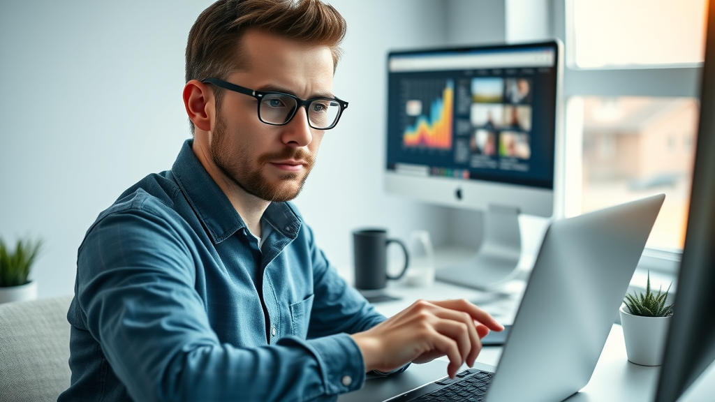 digital marketer optimizing video marketing content on dual monitors with analytics, video SEO dashboard