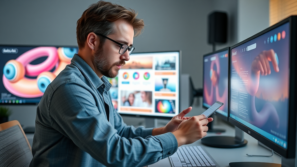 designer optimizing targeted email marketing layout, arranging graphics and call-to-action buttons in creative workspace