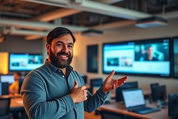 effective funnel optimization, confident expression, presenting data, photorealistic, modern open office with collaborative desks, highly detailed, shifting slides on projectors, tight compositional focus, warm color palette, spotlight lighting, shot with a 24-70mm lens.