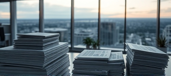 sophisticated agency funnel, meticulous precision, organizing documents, photorealistic, minimalist office with a panoramic view, highly detailed, stacks of charts and reports, exceptional clarity, monochrome with silver accents, twilight ambient glow, shot with a 90mm macro lens.