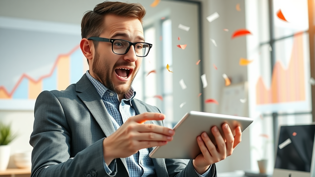 small business owner reviewing a dramatic increase in online leads, surprised and delighted, verifying numbers on a tablet, Photorealistic High Fidelity Lifelike, bright office with digital charts in the background showing upward trends, highly detailed, confetti in the air, vibrant business casual, natural sunlight, shot with a 50mm lens. Main Keyword: lead generation strategies